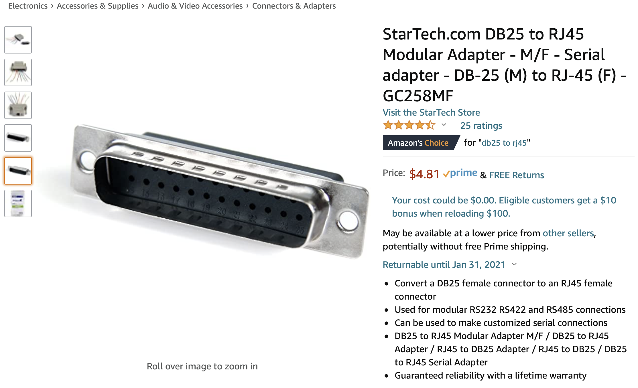 StarTech.com DB25 to RJ45 adapter on Amazon